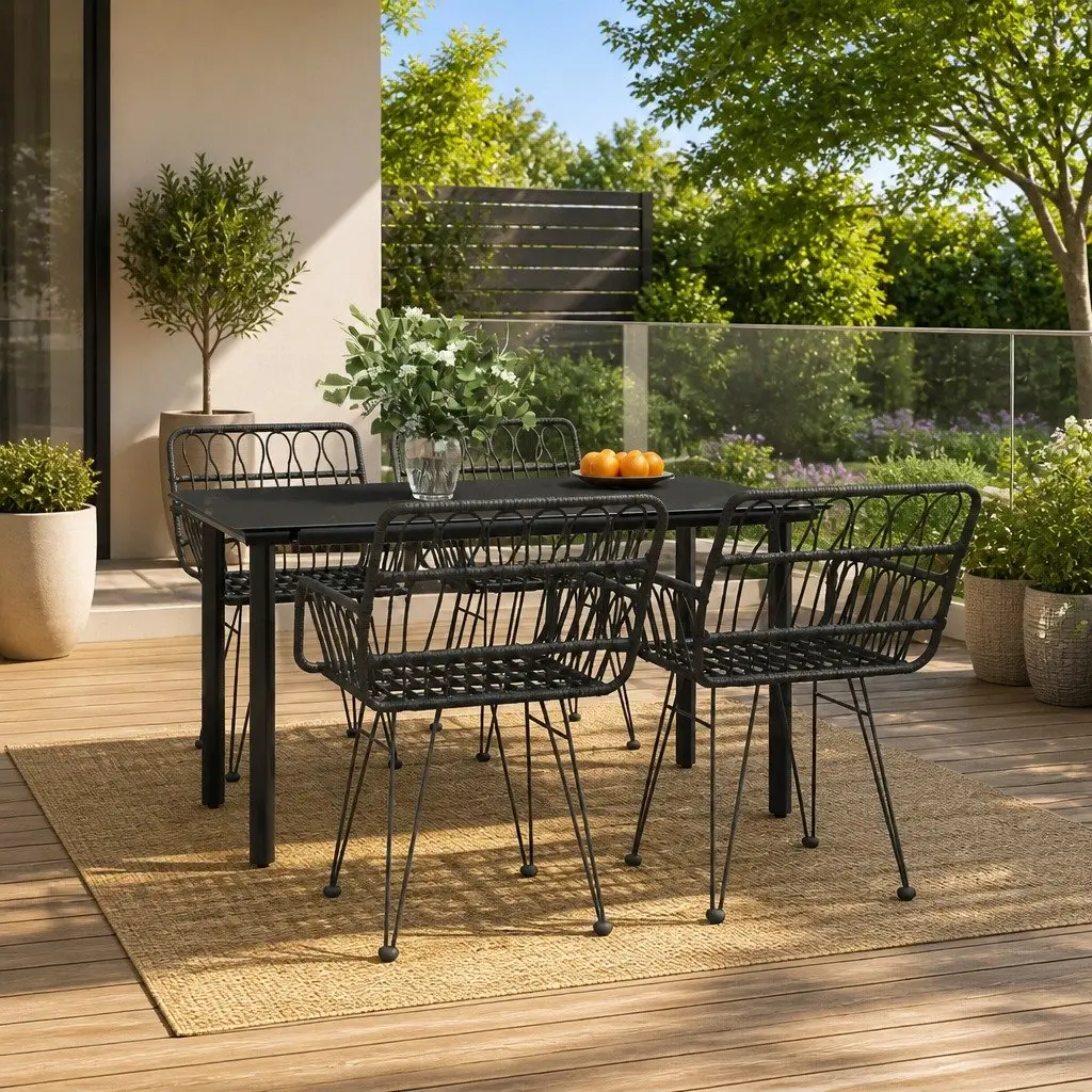5 Piece Garden Dining Set PE Rattan Steel Frame Tempered Glass Table Black