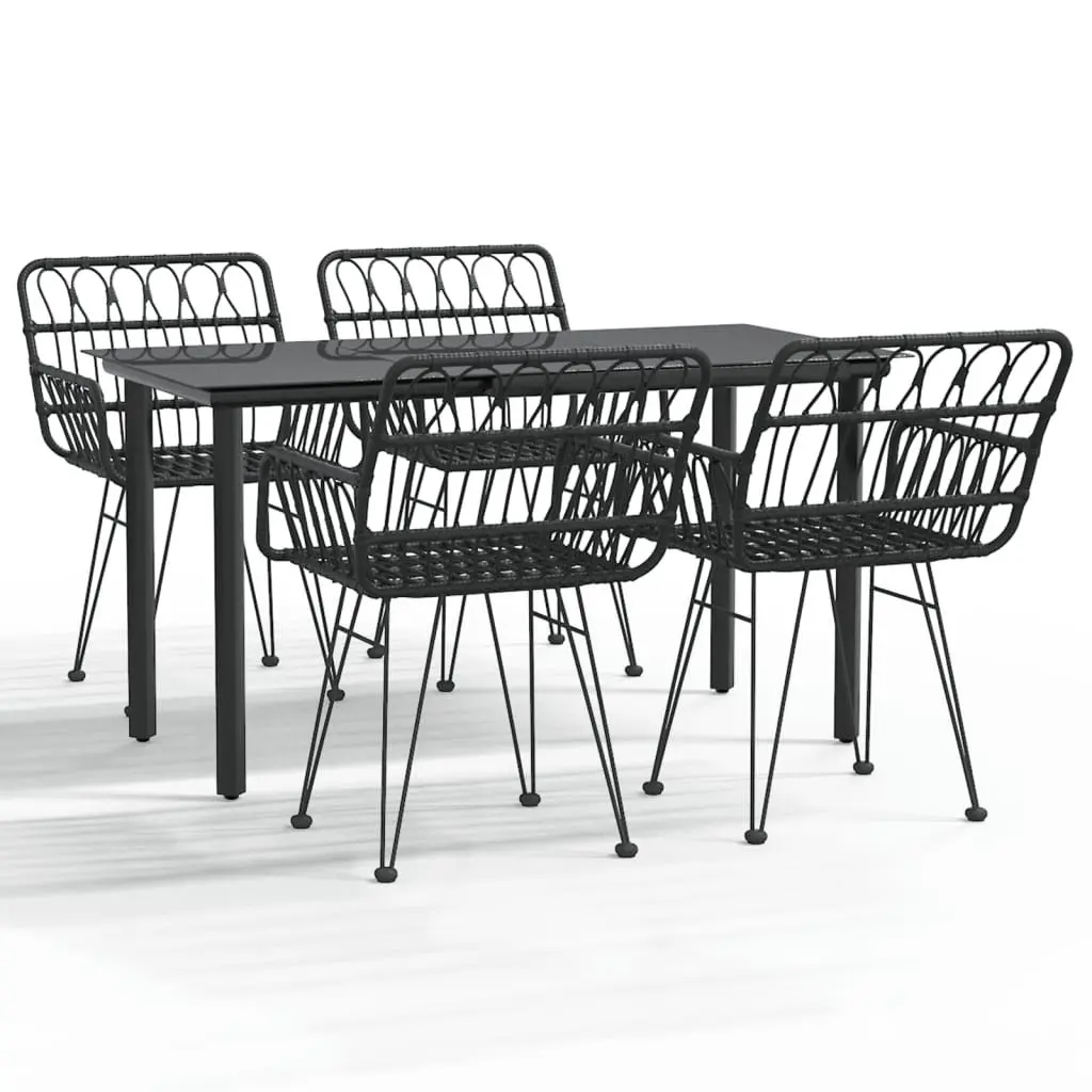5 Piece Garden Dining Set PE Rattan Steel Frame Tempered Glass Table Black