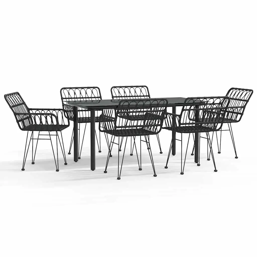 7 Piece Garden Dining Set PE Rattan Steel Frame Tempered Glass Black Outdoor Furniture