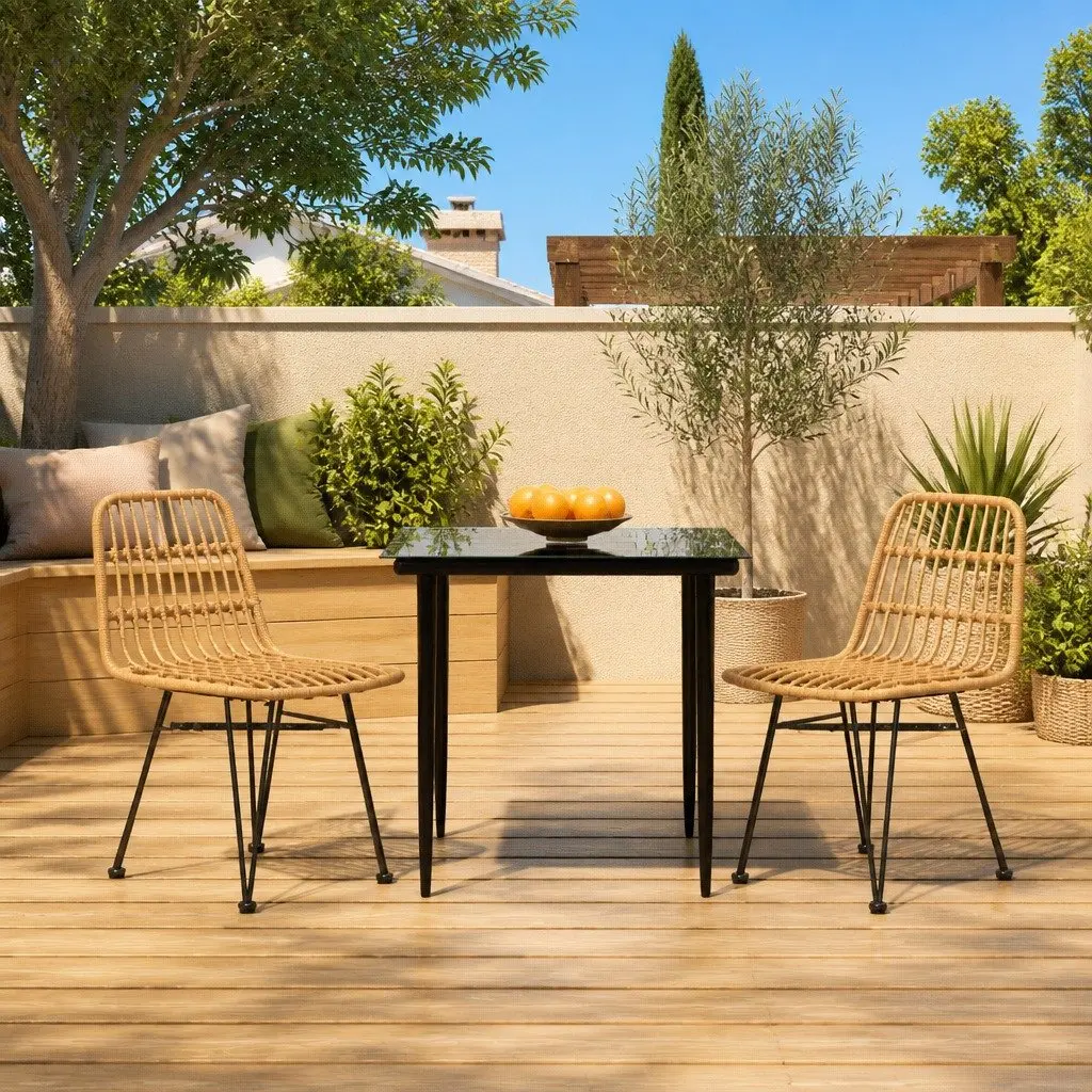 Garden Dining Set PE Rattan 3 Piece Outdoor Furniture Brown Steel Frame