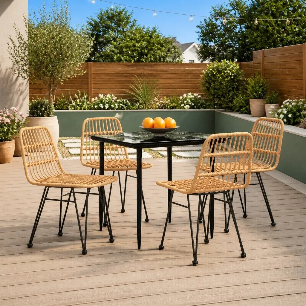 Outdoor Patio Dining Set 5 Piece Brown Rattan Table and Chairs Weather Resistant Furniture