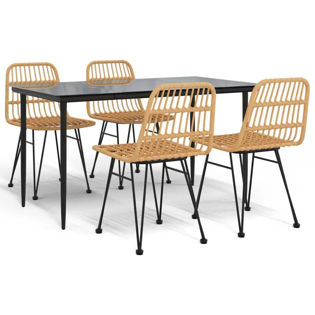 5 Piece Outdoor Dining Set Brown Poly Rattan Steel Frame Tempered Glass Table