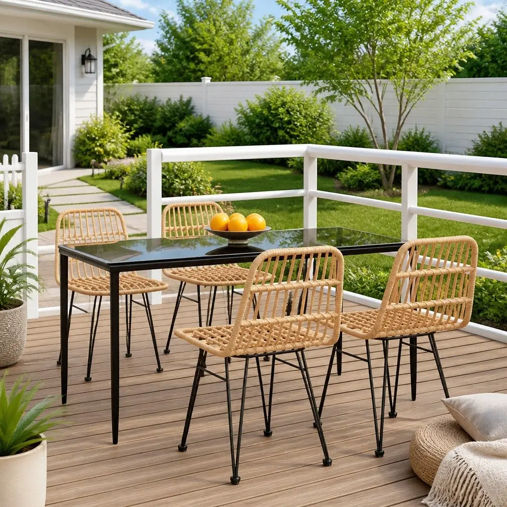 Garden Dining Set 5 Piece Outdoor Furniture Poly Rattan Brown Patio Table Chairs