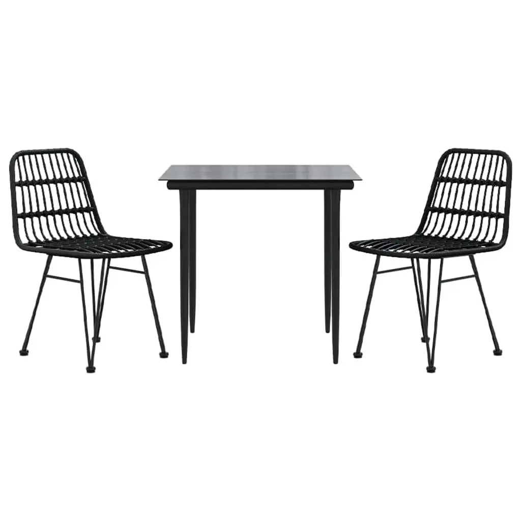 Outdoor Dining Set PE Rattan Steel Frame Tempered Glass 3 Piece Black
