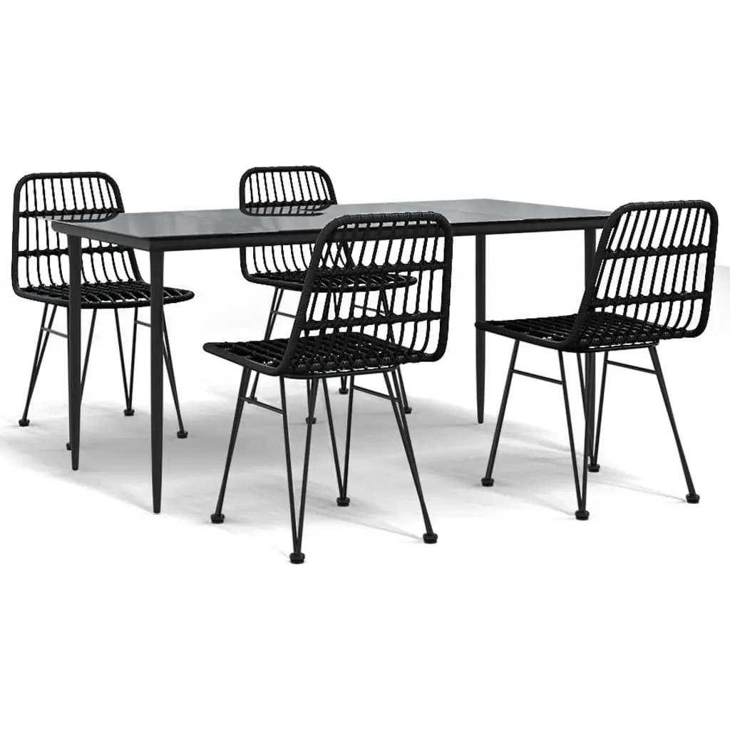 5 Piece Outdoor Dining Set Black Rattan Table and Chairs Durable Steel Frame Tempered Glass Top