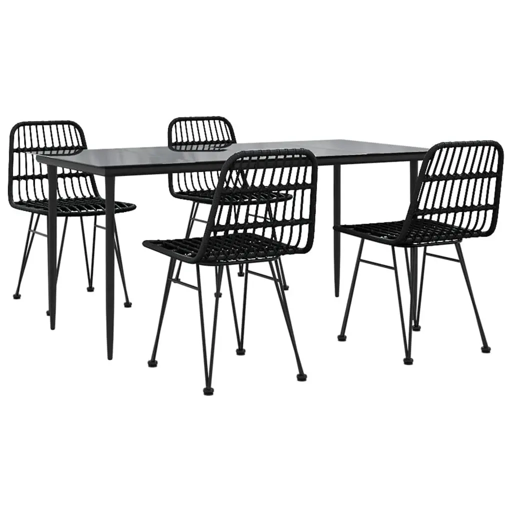 5 Piece Outdoor Dining Set Black Rattan Table and Chairs Durable Steel Frame Tempered Glass Top