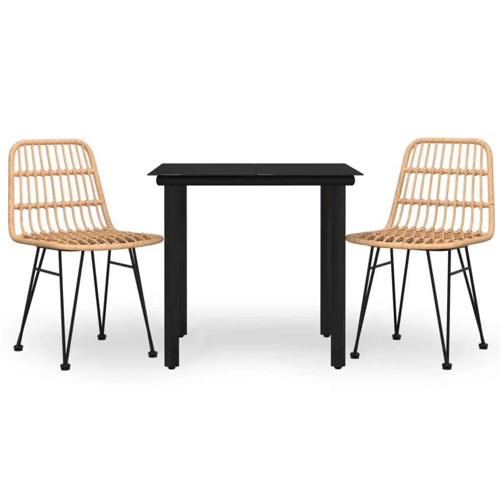 Outdoor Dining Set Brown PE Rattan with Steel Frame and Tempered Glass Tabletop 3 Piece with Chairs