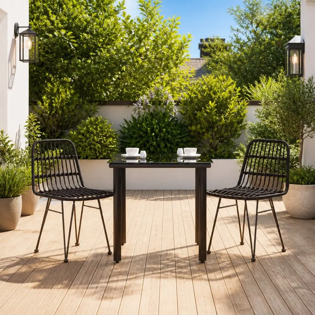 3 Piece Garden Furniture Set Black PE Rattan Dining Chairs and Table with Steel Frame