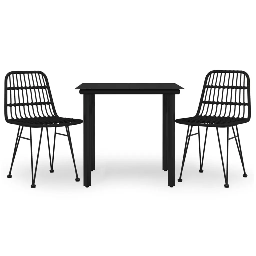 3 Piece Garden Furniture Set Black PE Rattan Dining Chairs and Table with Steel Frame