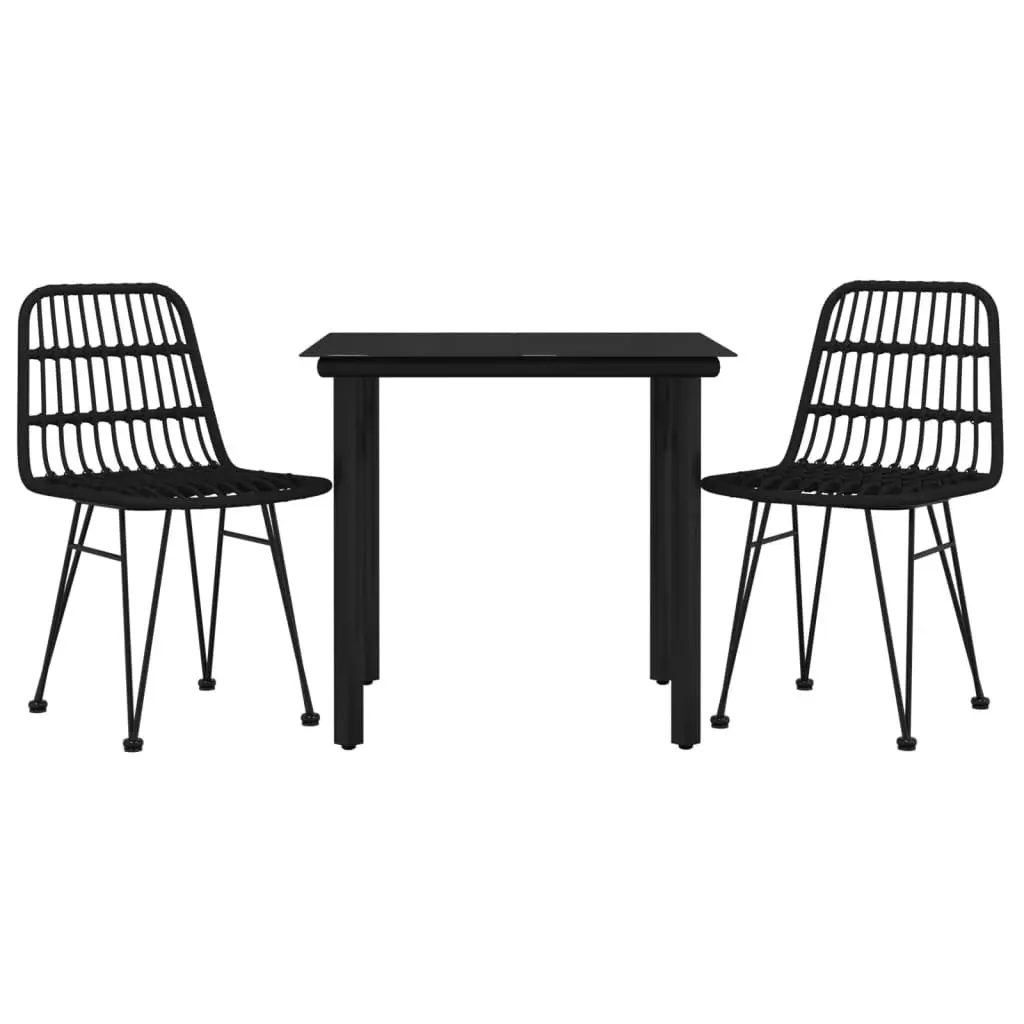 3 Piece Garden Furniture Set Black PE Rattan Dining Chairs and Table with Steel Frame