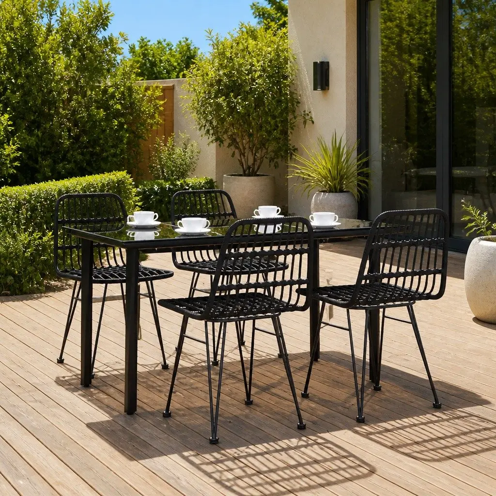 5 Piece Garden Dining Set Poly Rattan Steel Frame Tempered Glass Table Black