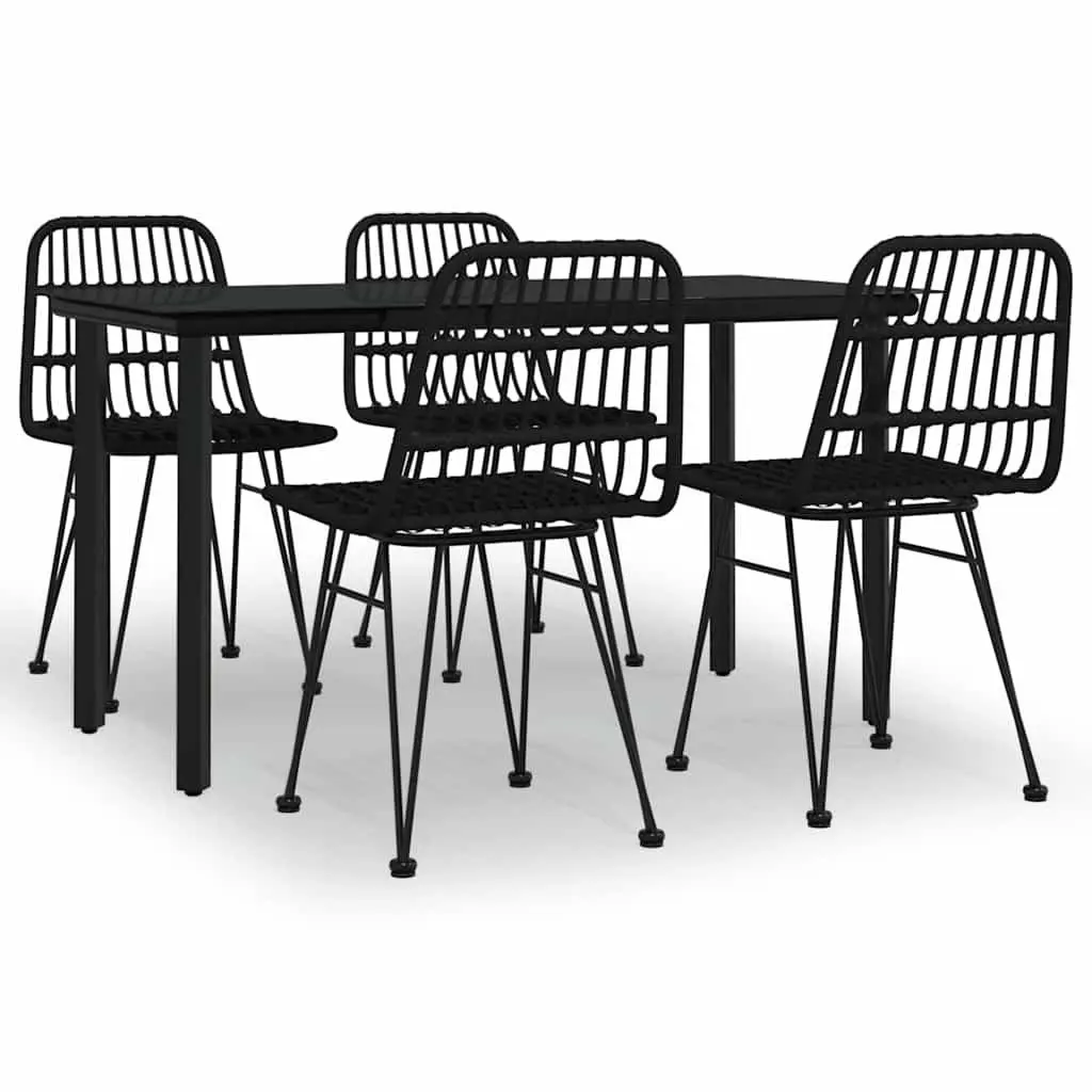 5 Piece Garden Dining Set Poly Rattan Steel Frame Tempered Glass Table Black