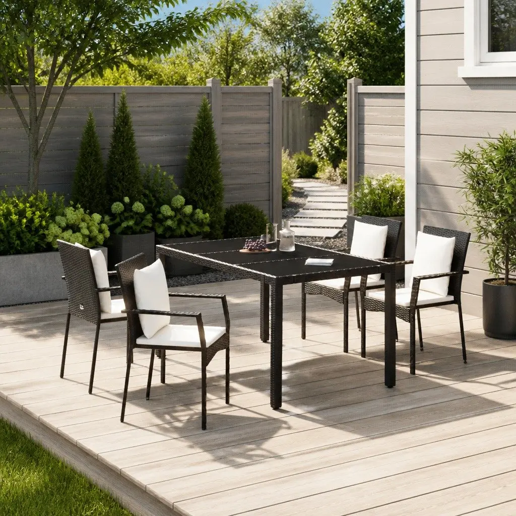 5 Piece Outdoor Garden Dining Set PE Rattan Steel Frame Black with Cushions