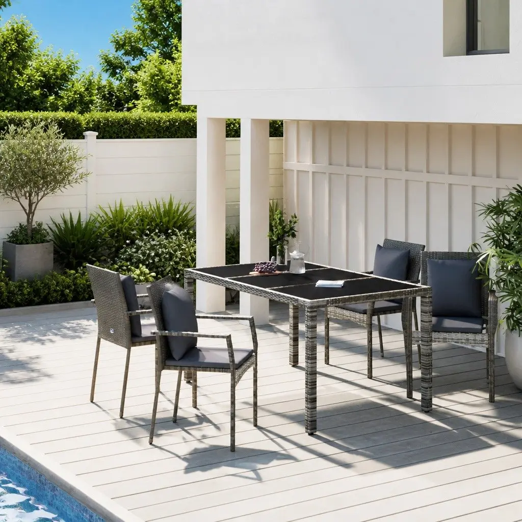 Outdoor Dining Set 5 Piece Modular Grey Rattan Furniture with Powder Coated Steel Frame and Tempered Glass Tabletop