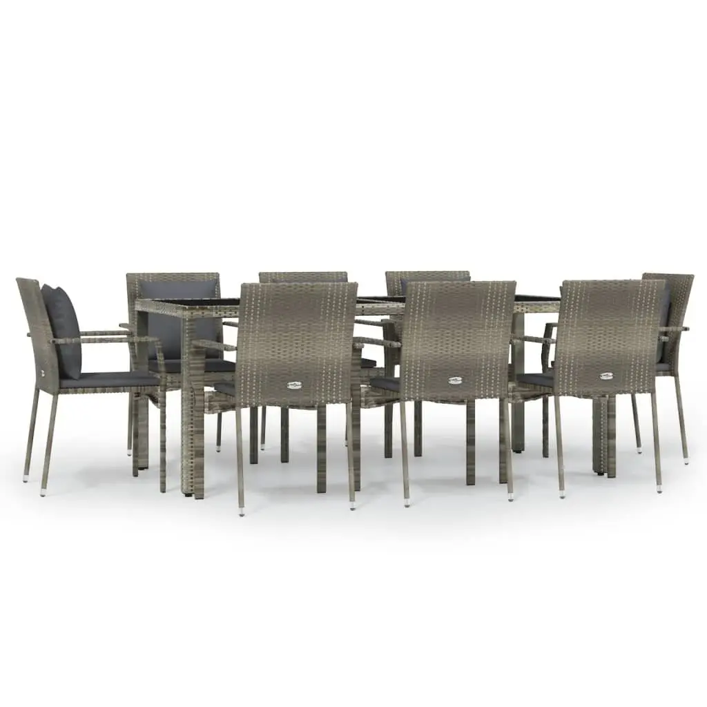Outdoor Dining Set 9 Piece Modular Grey PE Rattan Furniture with Cushions and Tempered Glass Table