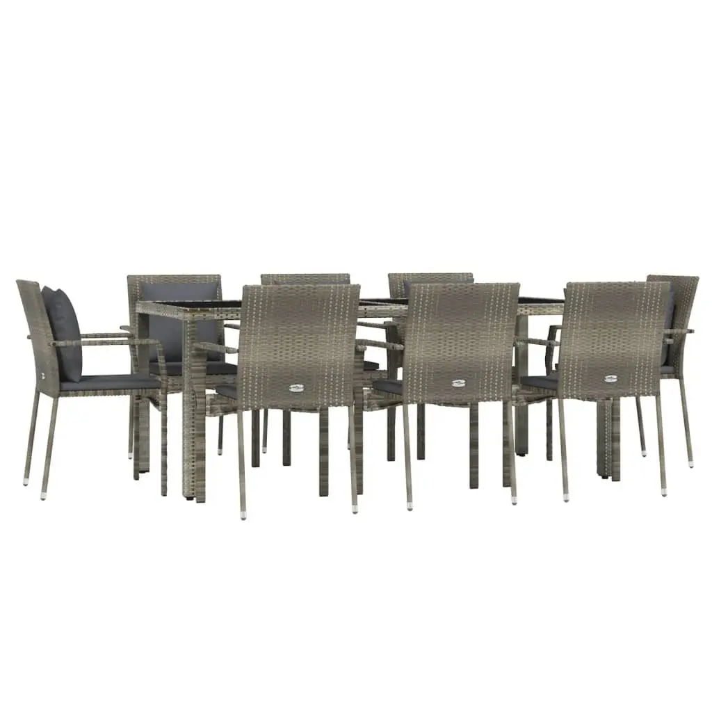 Outdoor Dining Set 9 Piece Modular Grey PE Rattan Furniture with Cushions and Tempered Glass Table