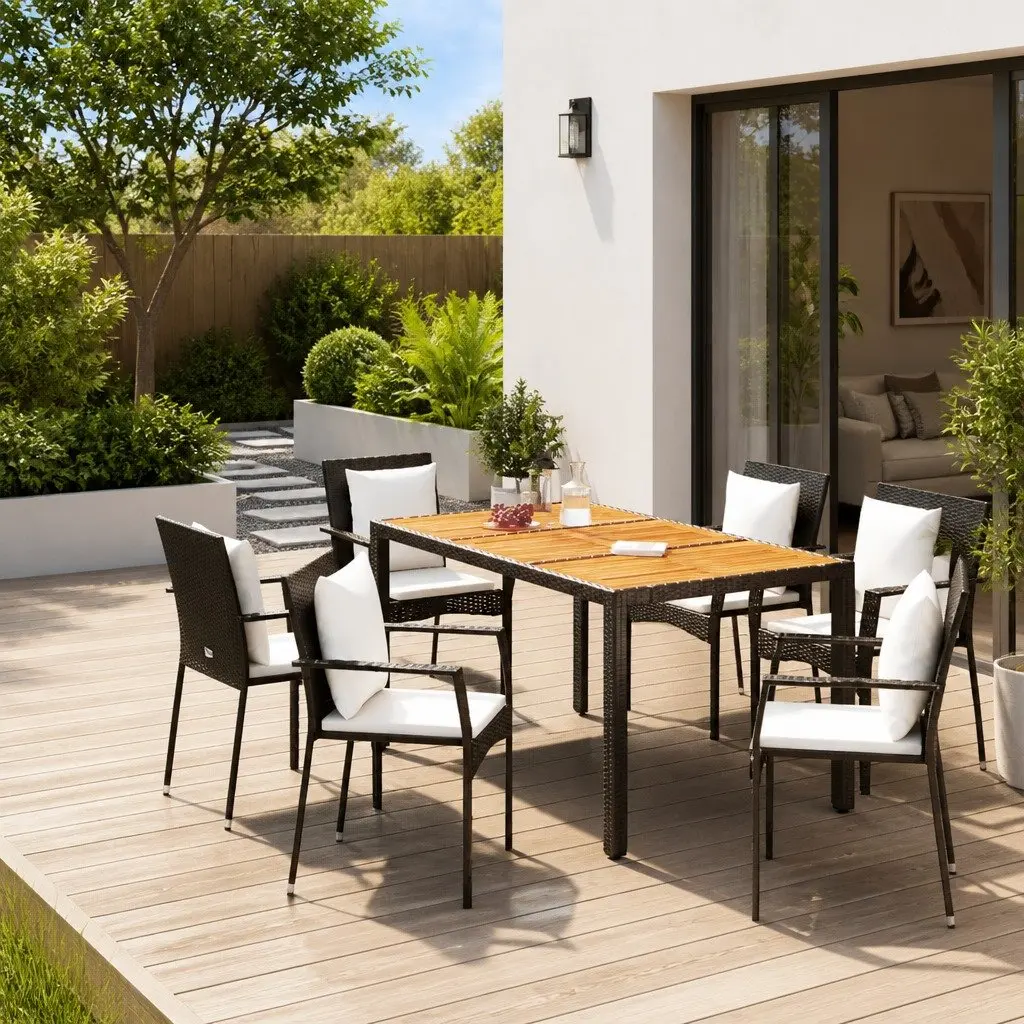 5 Piece Garden Dining Set PE Rattan Powder Coated Steel Frame Solid Acacia Wood Tabletop Black