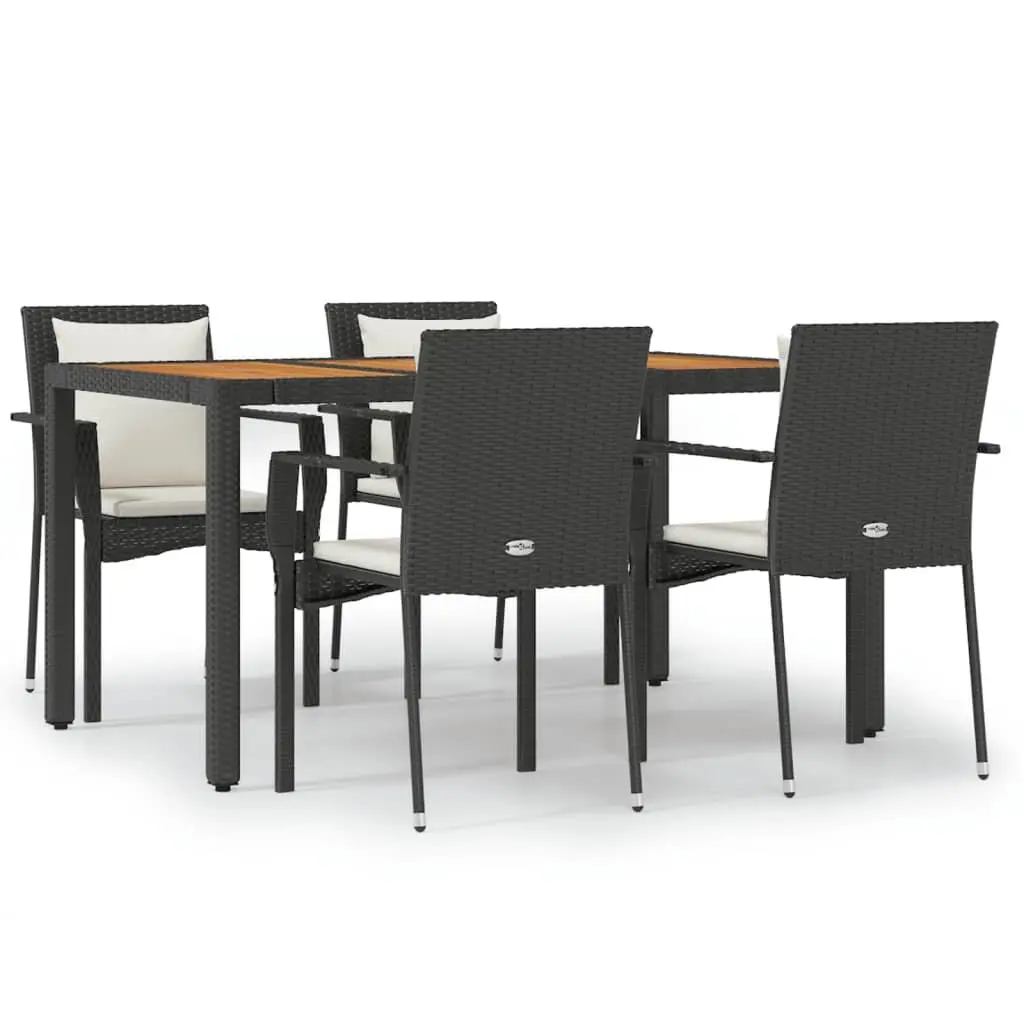 5 Piece Garden Dining Set PE Rattan Powder Coated Steel Frame Solid Acacia Wood Tabletop Black