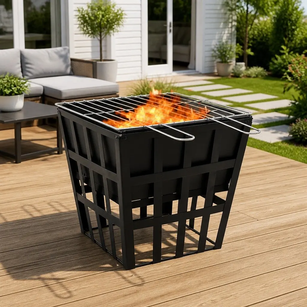 2-in-1 Fire Pit BBQ Grill 34x34x48cm Outdoor Garden Steel Heating Cooking