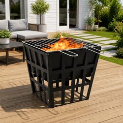 2-in-1 Fire Pit BBQ Grill 34x34x48cm Outdoor Garden Steel Heating Cooking