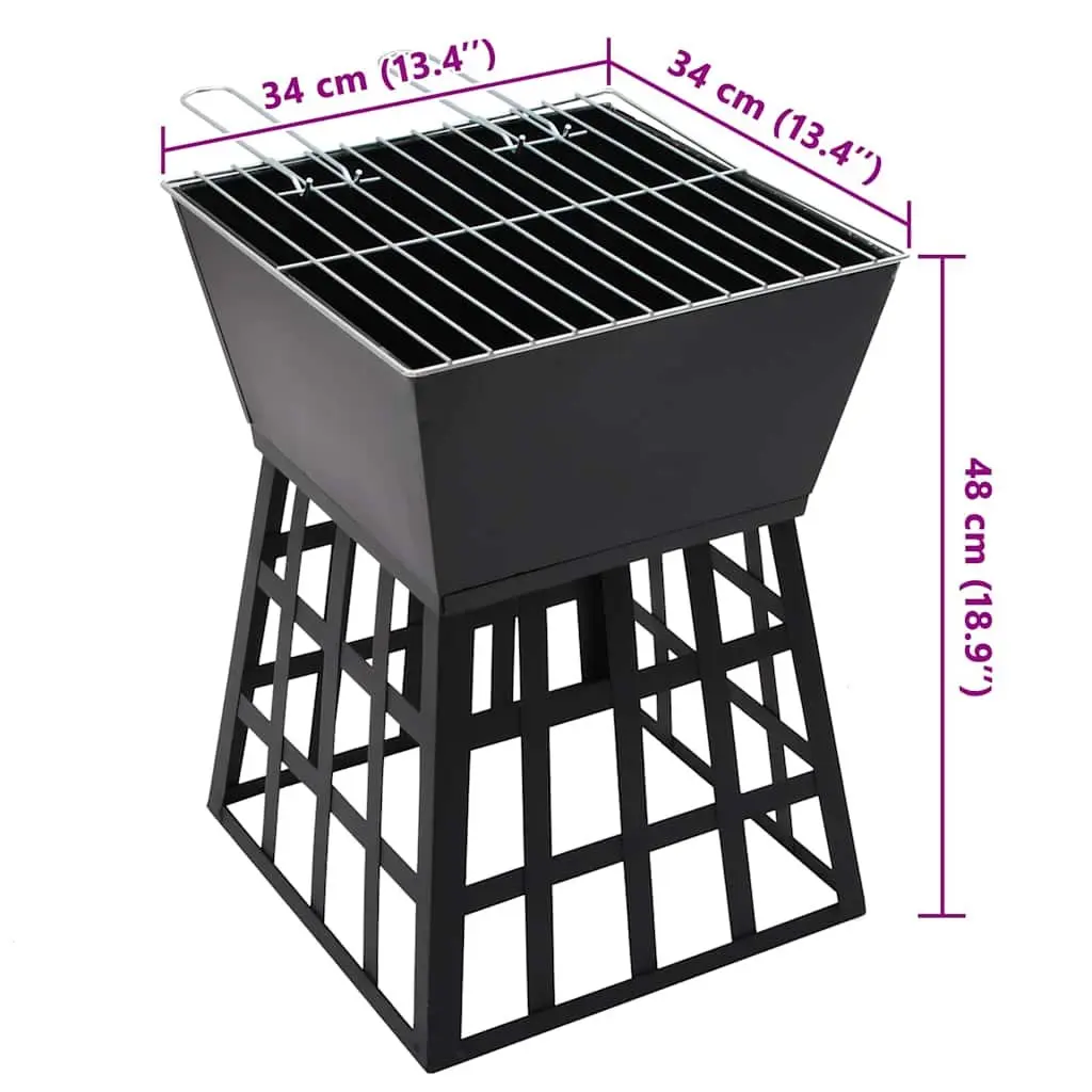 Fire Pit BBQ Grill Steel Outdoor Cooking 34x34x48cm Black Dual Function 2-in-1