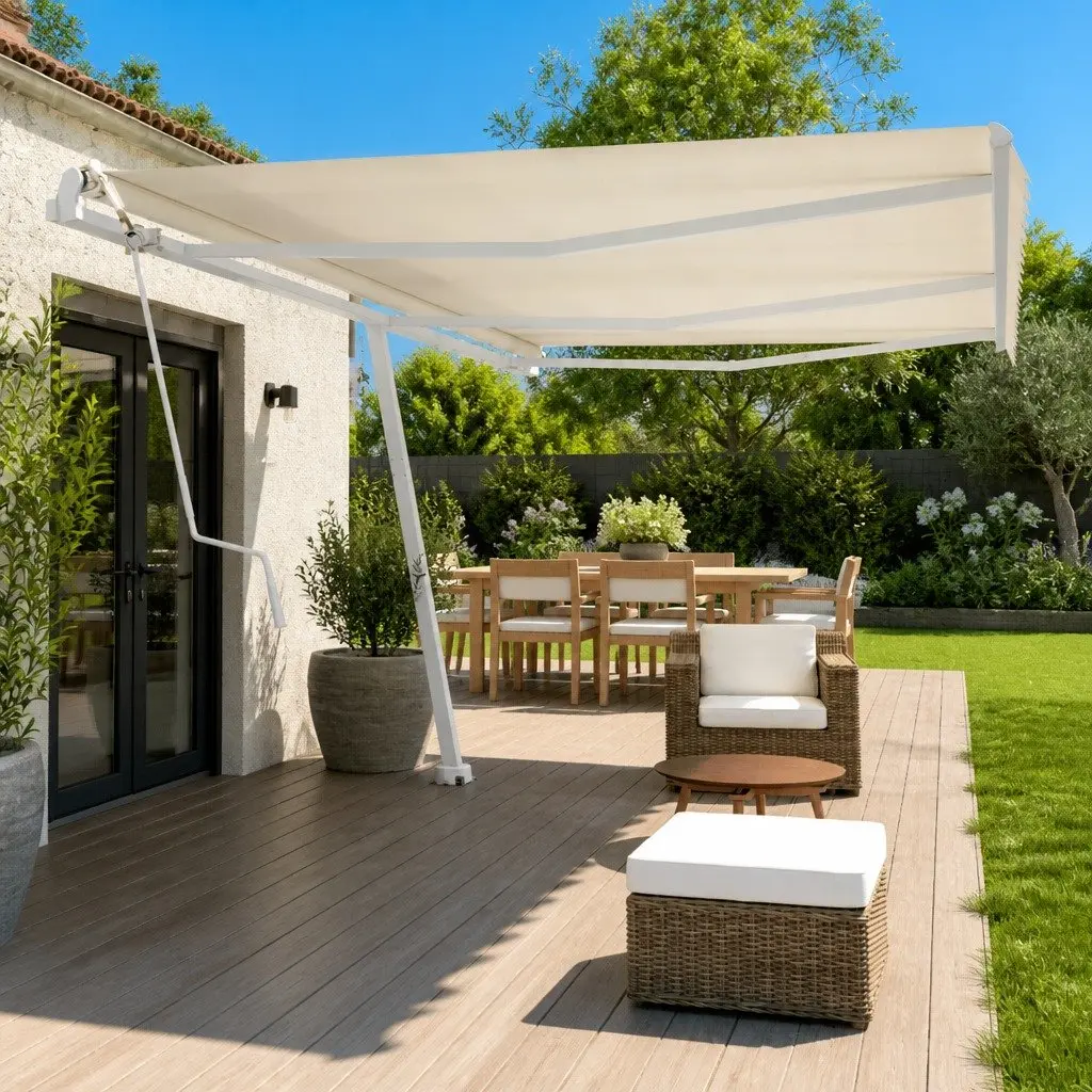Awning Post Set Iron 600x245 cm White Outdoor Shade Support Rotary Base