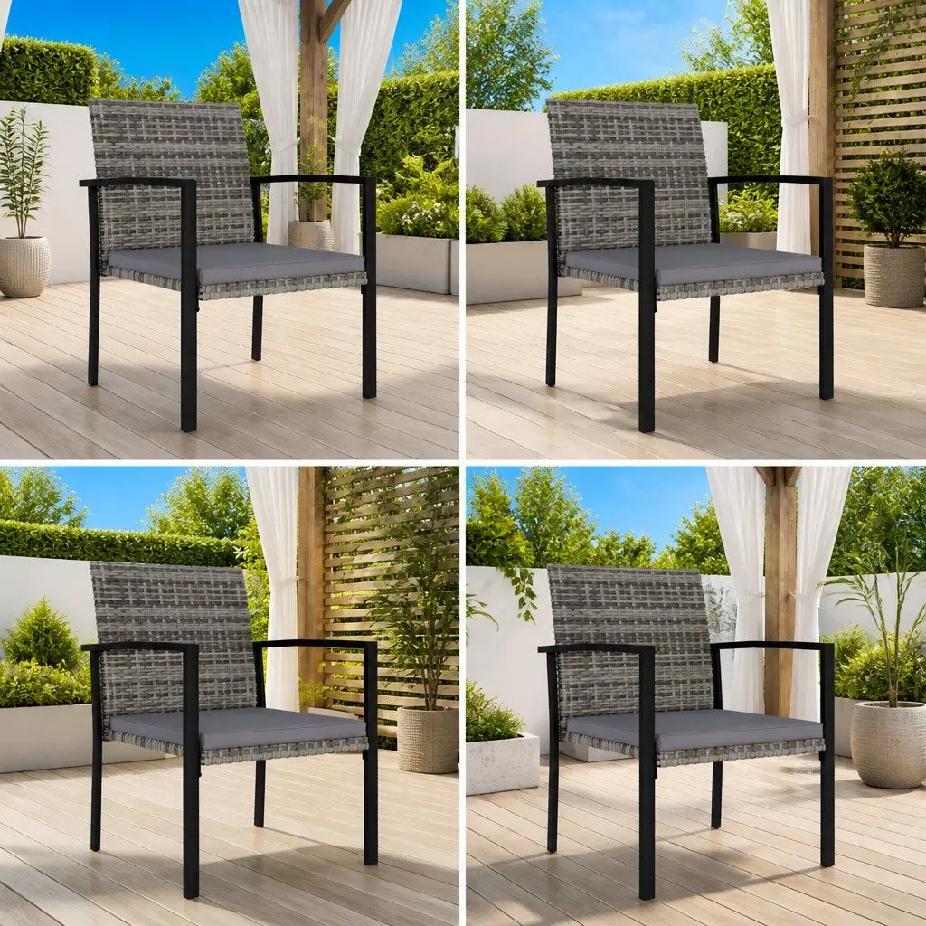 Outdoor Dining Chairs PE Rattan Steel Frame Set 4 Grey with Cushions