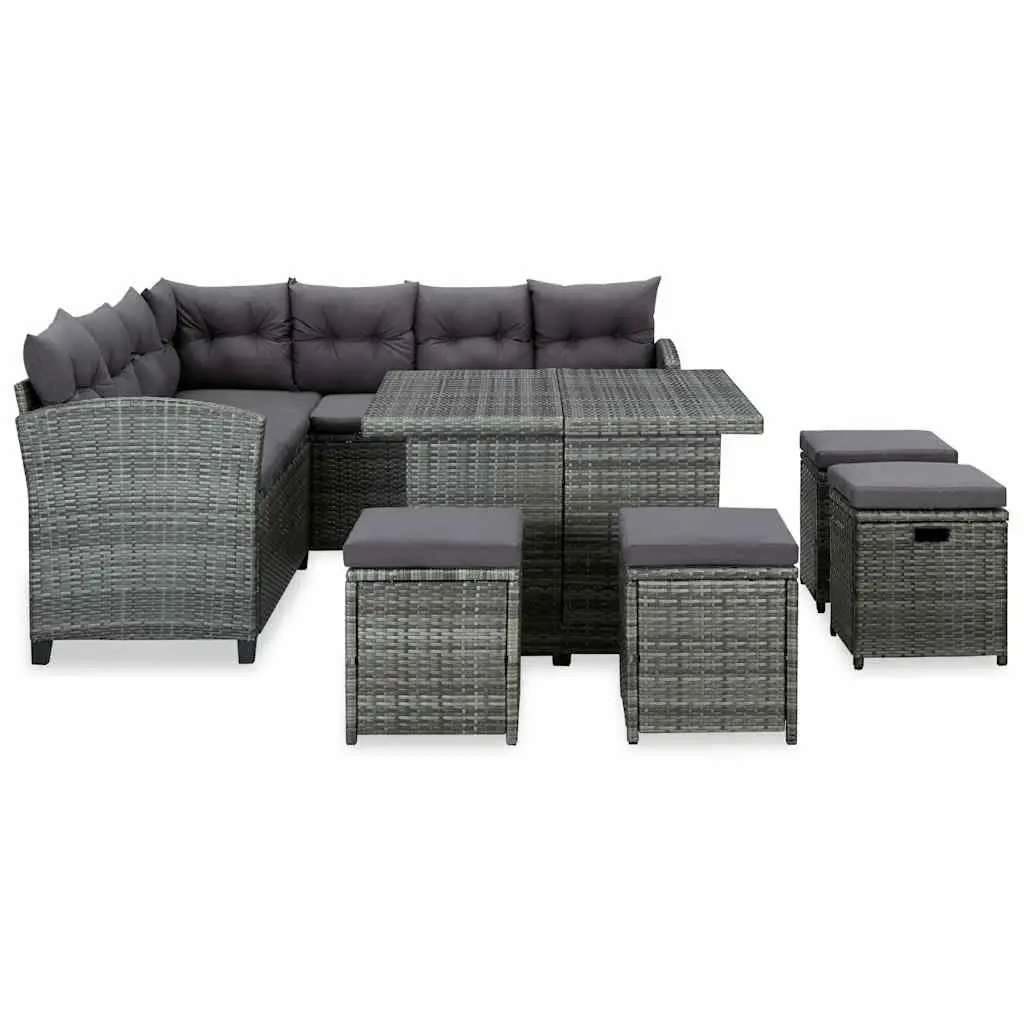6 Piece Garden Lounge Set Grey with Cushions Powder Coated Steel Frame PE Rattan Corner Sofa Stools Coffee Table
