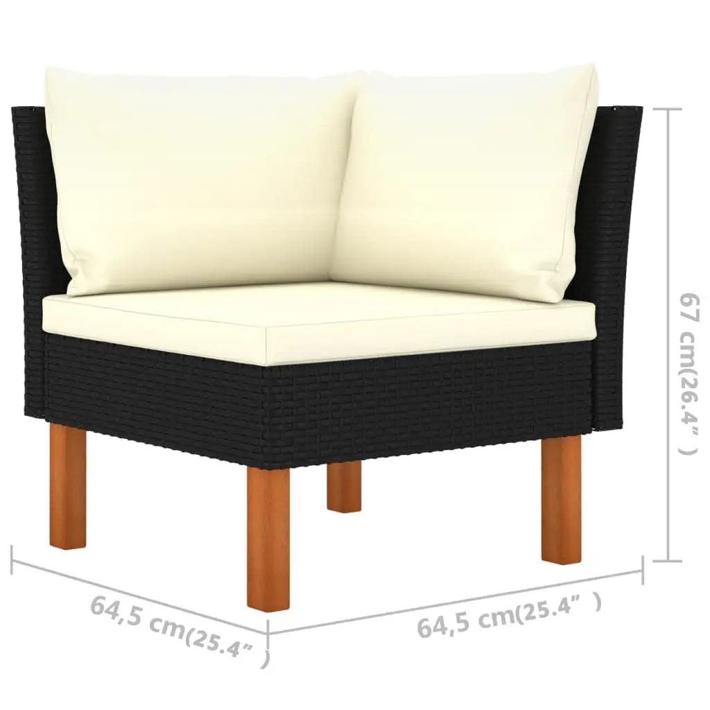 Outdoor Lounge Set Black Cushioned Sectional Sofa 3 Piece Powder Coated Steel Frame Rattan Cover Eucalyptus Wood Legs
