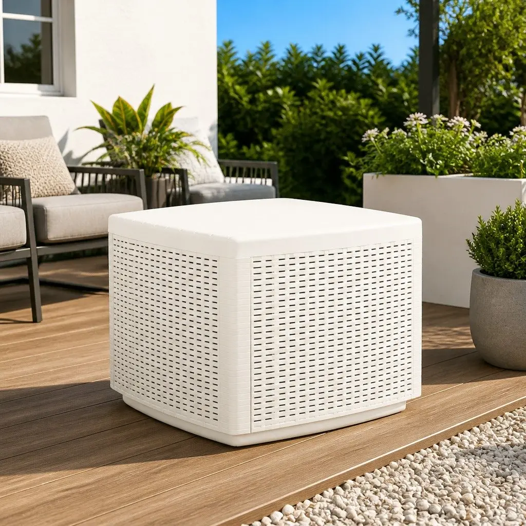 Outdoor Coffee Table Lightweight Plastic Rattan Look White 53x53x40cm Patio Furniture