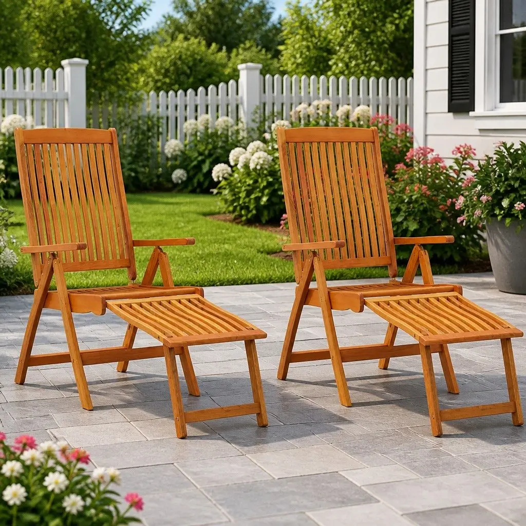 Folding Garden Chairs Solid Eucalyptus Wood Adjustable Backrest Extendable Footrests Brown 2 Pcs