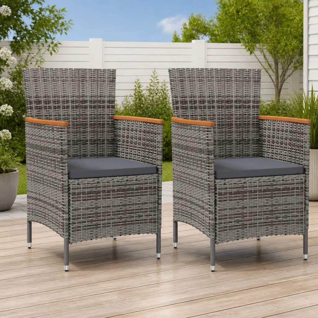 Outdoor Dining Chairs Poly Rattan Grey 2 pcs Patio Seating with Cushion