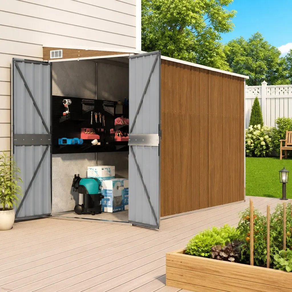 Brown Galvanised Steel Wall-mounted Garden Shed Outdoor Storage Double Door 118x382x178cm