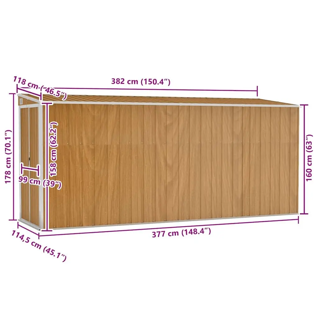 Brown Galvanised Steel Wall-mounted Garden Shed Outdoor Storage Double Door 118x382x178cm