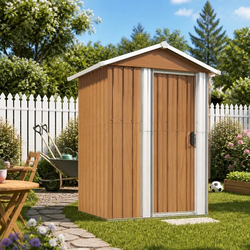 Garden Shed Galvanised Steel 126 x 97.5 x 177 cm Brown Outdoor Storage Tool House