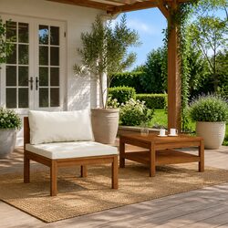 Outdoor Sectional Sofa Set 2 Piece Garden Seating Acacia Wood White Cushions