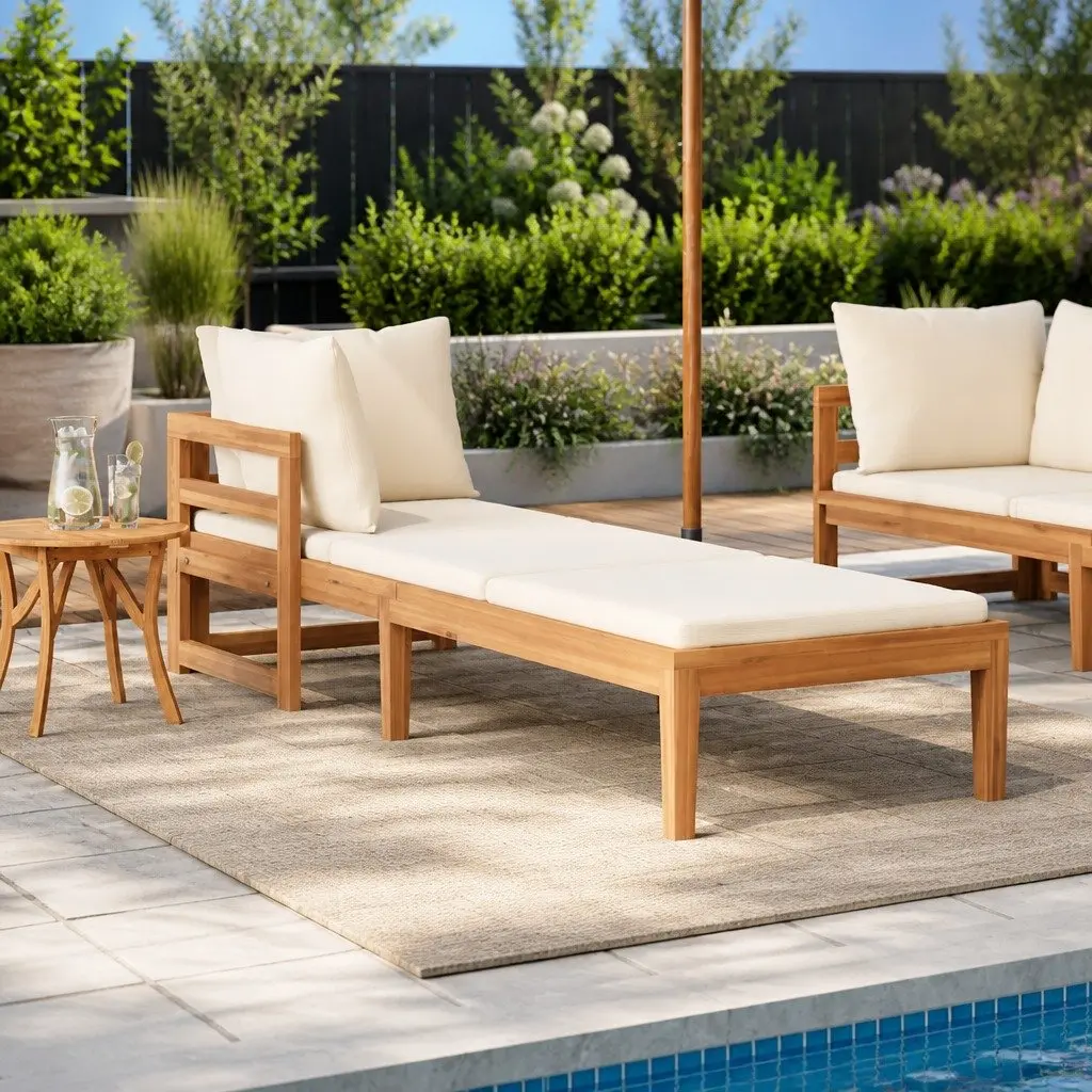 Outdoor Sun Lounger Wooden Garden Sunbed Armrest Leisure Lounging Furniture