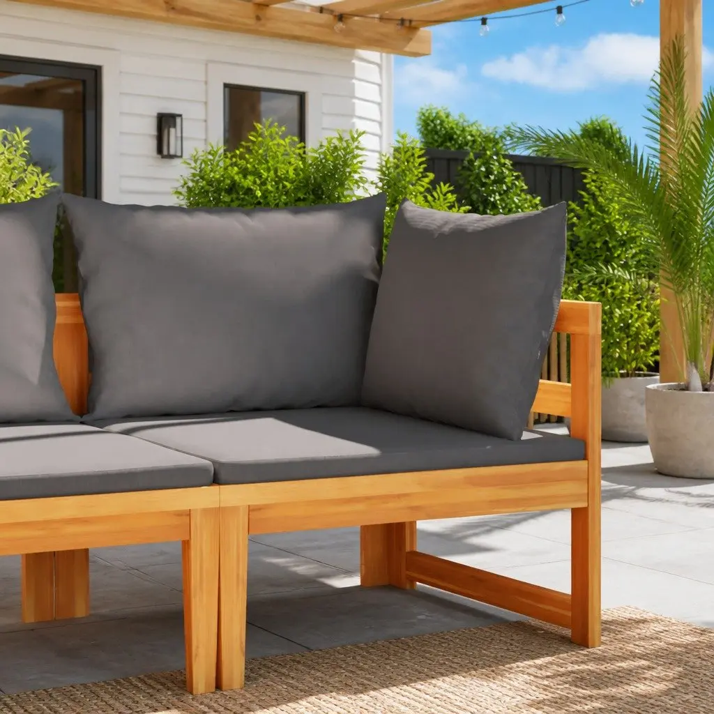 Outdoor Corner Sofa Acacia Wood Garden Sectional Lounge with Dark Grey Cushions