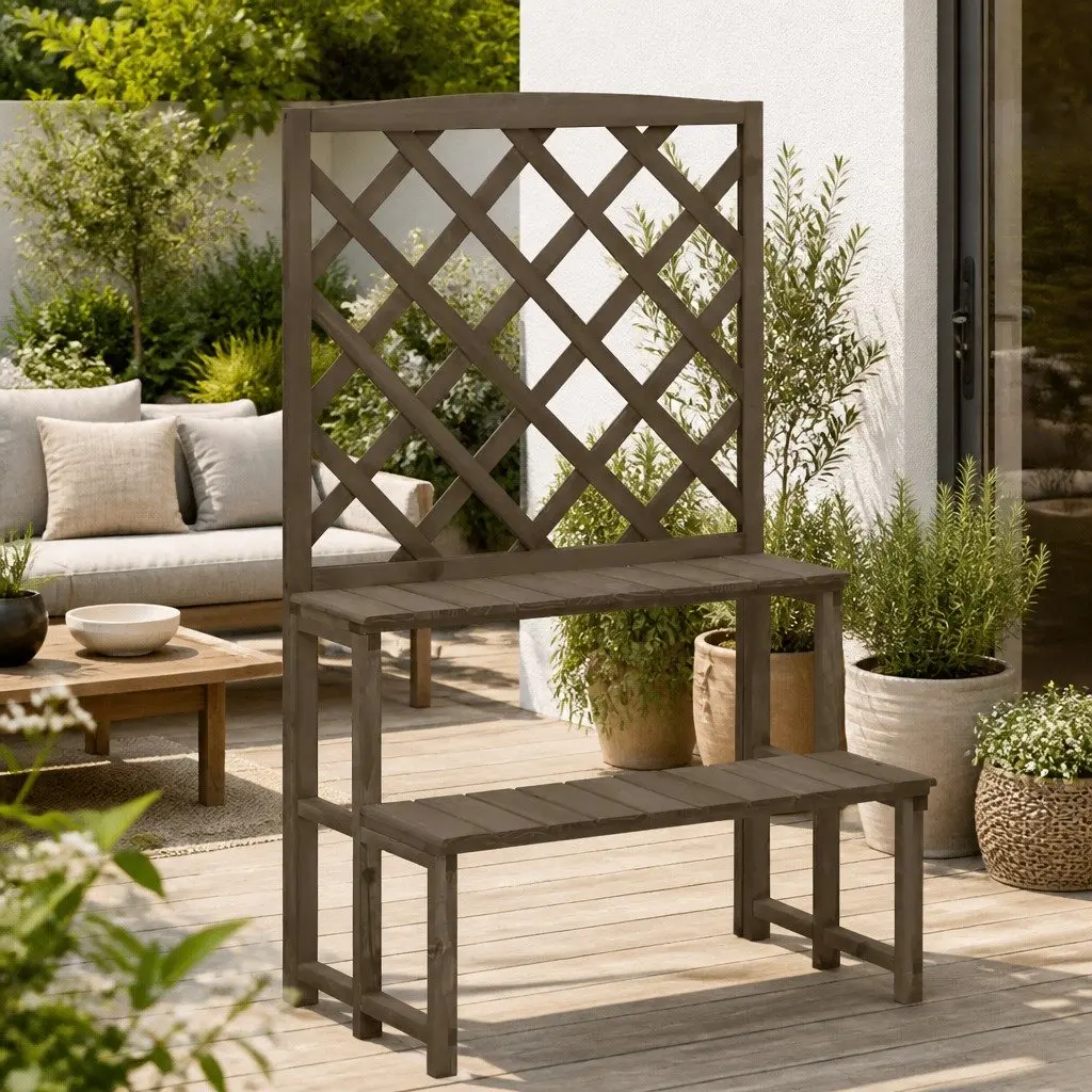 Plant Stand Trellis Grey Solid Fir Wood Outdoor Garden Display Ladder Rack Shelves