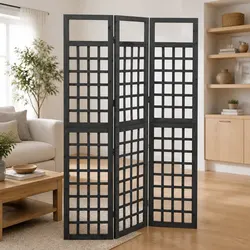 3-Panel Room Divider Trellis Solid Fir Wood Screen Folding Privacy Black
