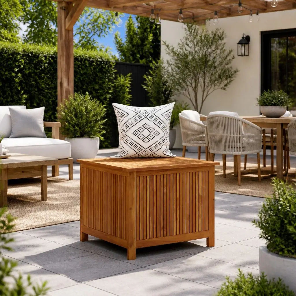 Outdoor Cushion Pillow Storage Box Brown Solid Acacia Wood Water Resistant 75x75x58cm