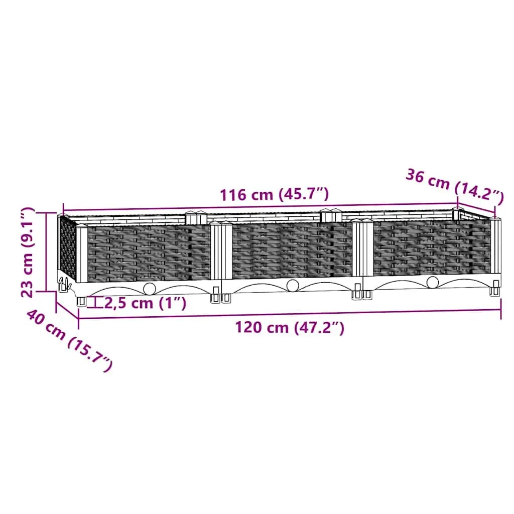 Black Polypropylene Raised Planter for Outdoor Garden 120 x 40 x 23 cm Suitable for Flowers Vegetables and Herbs