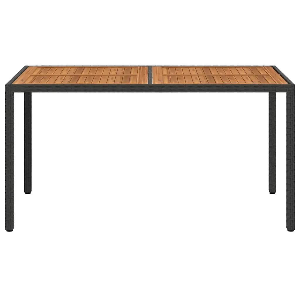 Garden Table Black Acacia Wood Solid Top 150x90cm Poly Rattan Steel Frame Outdoor Furniture