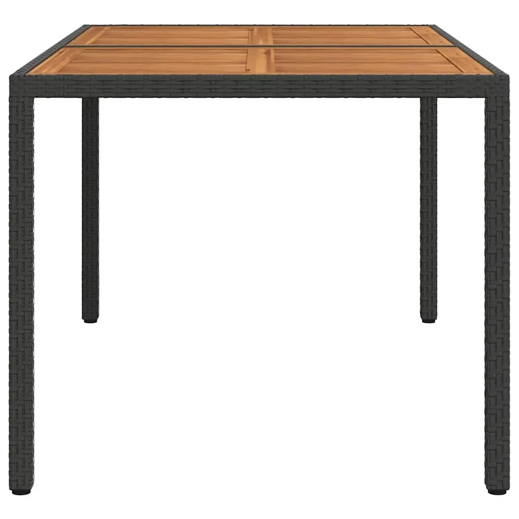 Garden Table Black Acacia Wood Solid Top 150x90cm Poly Rattan Steel Frame Outdoor Furniture