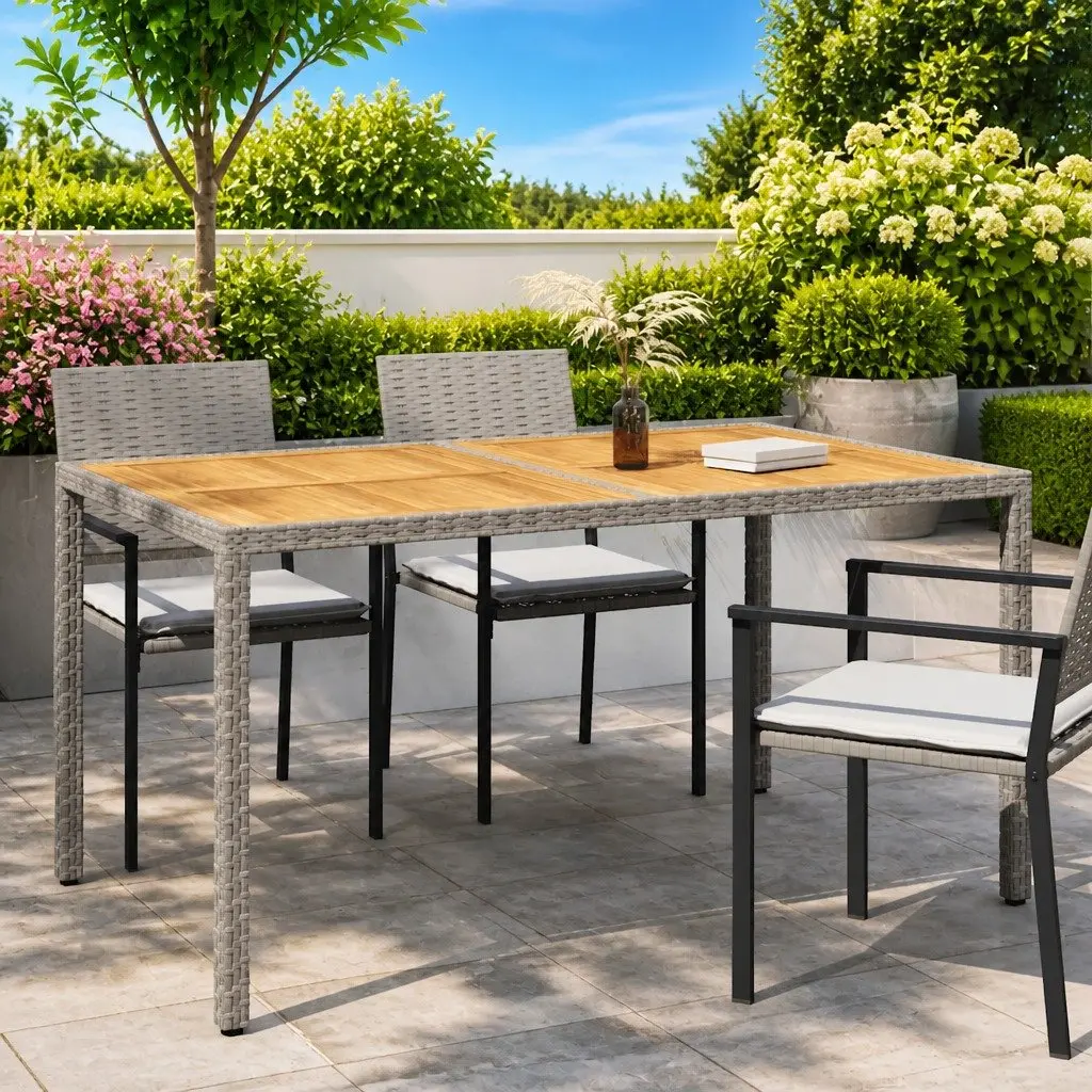 Garden Table Poly Rattan Acacia Wood 150x90x75cm Grey