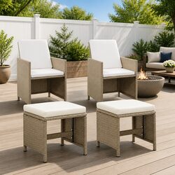 Outdoor Garden Chairs with Stools Set 2 pcs PE Rattan Patio Seating Beige