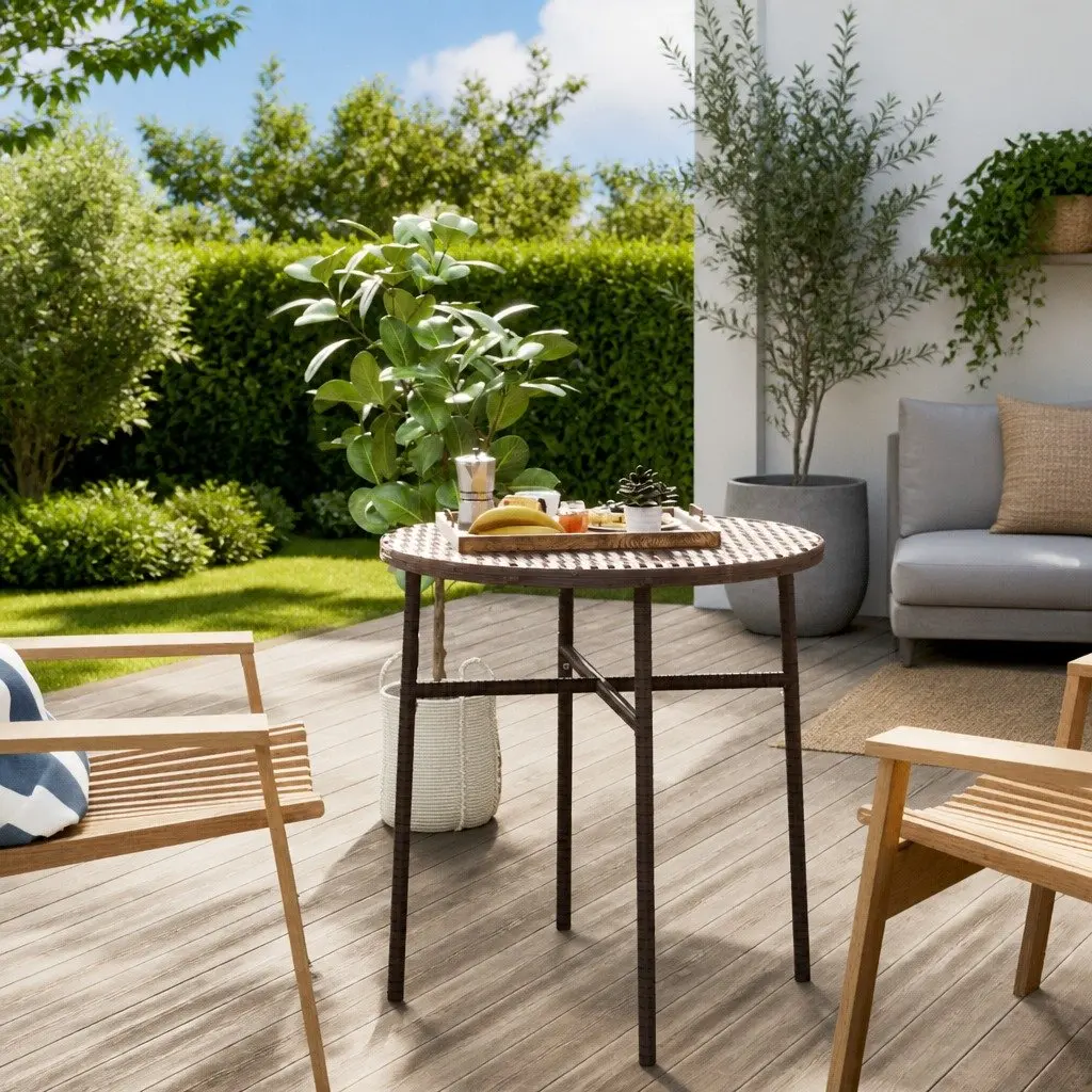 Round Tea Table Weather Resistant PE Rattan 45cm Brown Outdoor Garden Patio