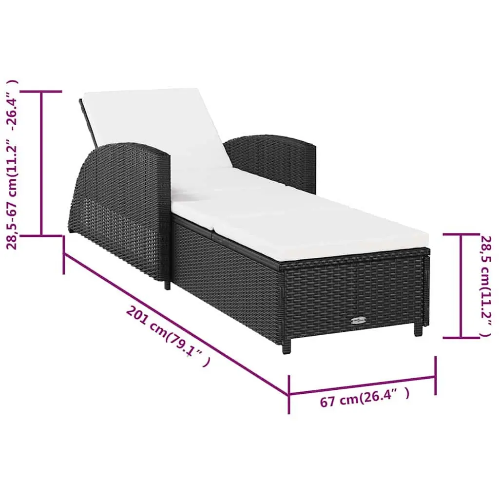 Sun Lounger PE Rattan Adjustable Backrest Black with Cream Cushion