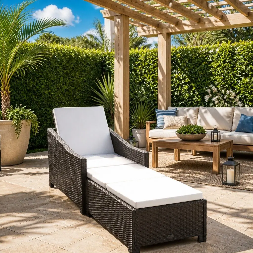 Sun Lounger Adjustable Backrest PE Rattan Outdoor Patio Garden Recliner Black with Cushion