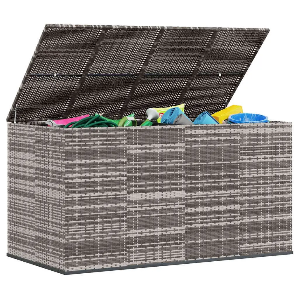 Garden Cushion Storage Box Grey PE Rattan 194x100x103cm Outdoor Furniture with Powder Coated Steel Frame and Gas Lift Mechanism